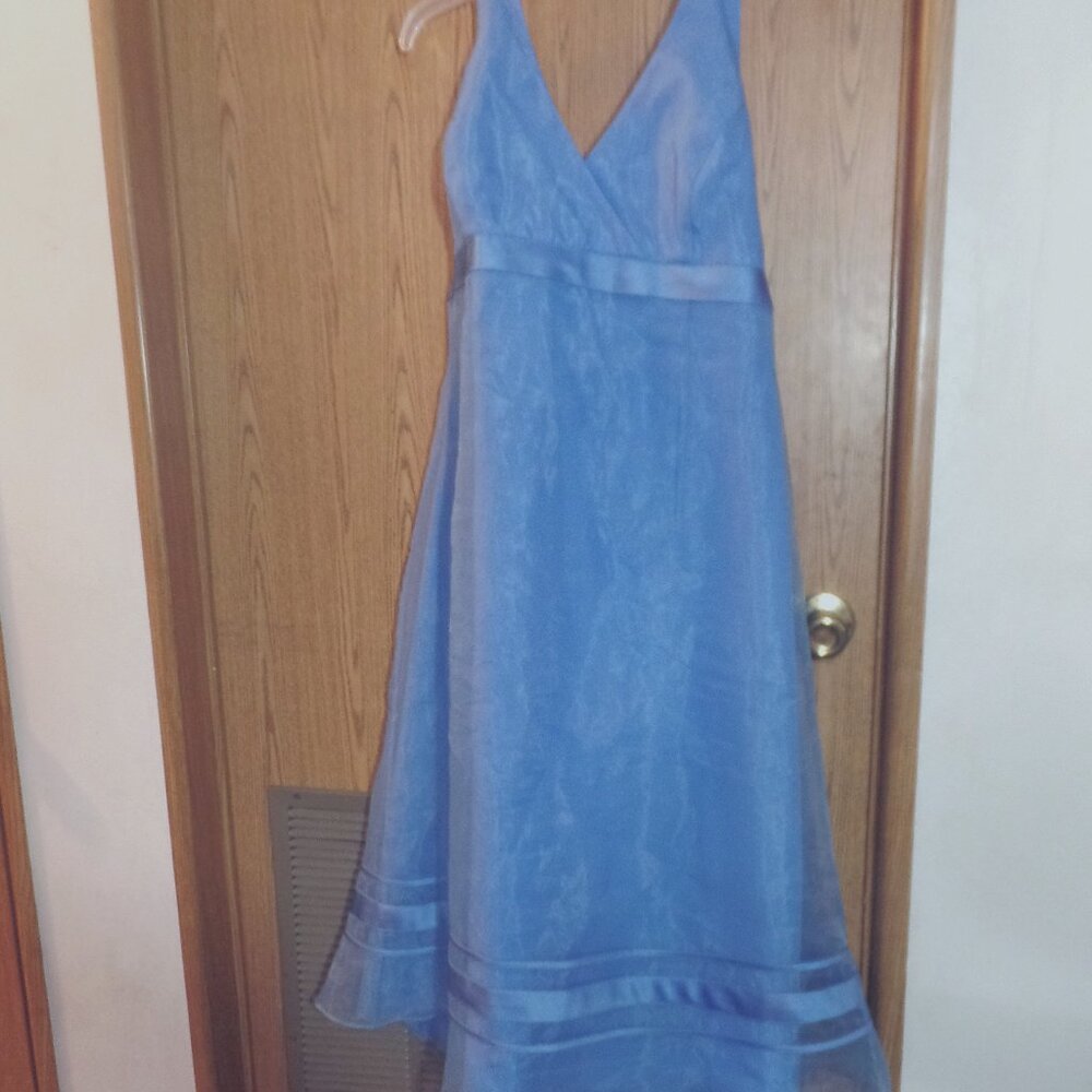 David’s Bridal Lt Blue Halter Gown, Soft Crinkle Chiffon w/Empire Waist, Size 16